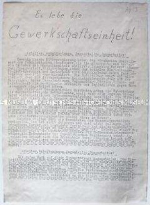Illegales hektografiertes Flugblatt aus dem antifaschistischen Widerstand für die Einheit der Gewerkschaftsbewegung