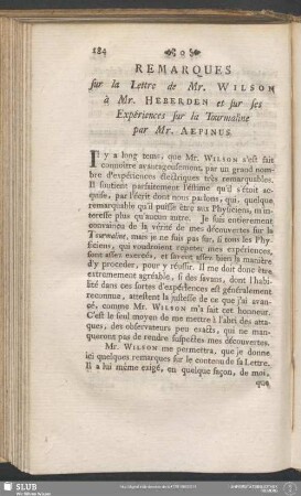 Remarques sur la Lettre de Mr. Wilson à Mr. Heberden et sur ses Expériences sur la Tourmalne par Mr. Aepinus