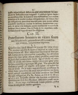 Cap. II. Potestatem hominis in vitam suam eam sibi auferendo, qua membrum est societatis Deique creatura, competentem exponens.