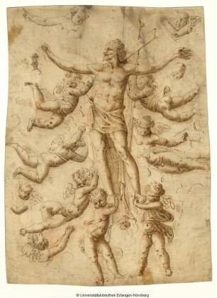 Himmelfahrt Christi, der, mit ausgebreiteten Armen vor dem Kreuze stehend, von Engelsknaben getragen und umgeben wird