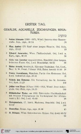Gemälde, Aquarelle, Zeichnungen, Miniaturen (Nr. 1-174)