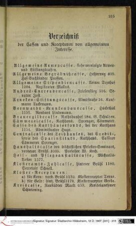 Verzeichniß der Cassen und Recepturen von allgemeinem Interesse.