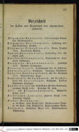 Verzeichniß der Cassen und Recepturen von allgemeinem Interesse.