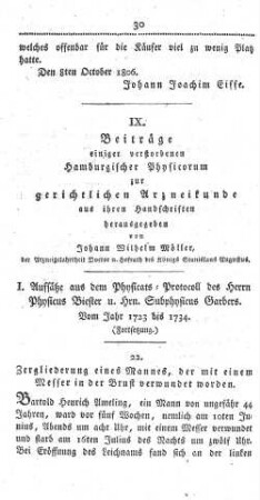 IX. Beiträge einiger verstorbenen Hamburgischer Physicorum zur gerichtlichen Arzneikunde aus ihren Handschriften