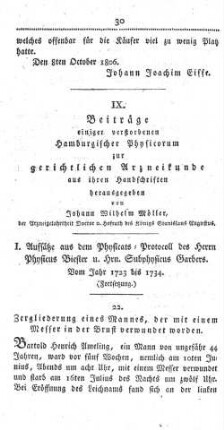 IX. Beiträge einiger verstorbenen Hamburgischer Physicorum zur gerichtlichen Arzneikunde aus ihren Handschriften
