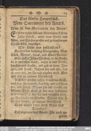Das fünffte Haupstück. Vom Sacrament des Altars.