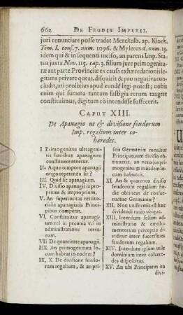 Caput XIII. De Apanagio ut & divisione feudorum Imp. regalium inter cohæredes.