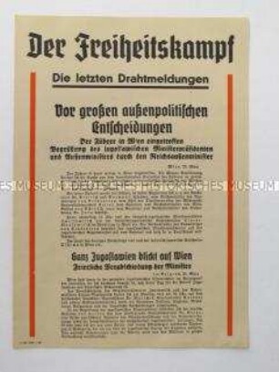 Nachrichtenblatt der sächsischen NSDAP-Zeitung "Der Freiheitskampf" zum Treffen Hitlers mit dem jugoslawischen Ministerpräsidenten in Wien