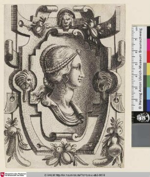 [Bildnis einer Frau im Profil auf einer ornamentalen Kartusche; Portrait of a lady in the middle of the cartouche]