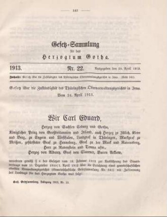 22. Gesetz über die Zuständigkeit des Thüringischen Oberwaltungsgerichts in Jena. Vom 24. April 1913