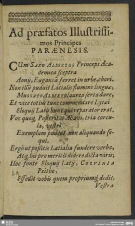 Ad praesfatos Illustrissimos Principes Paraenesis ...
