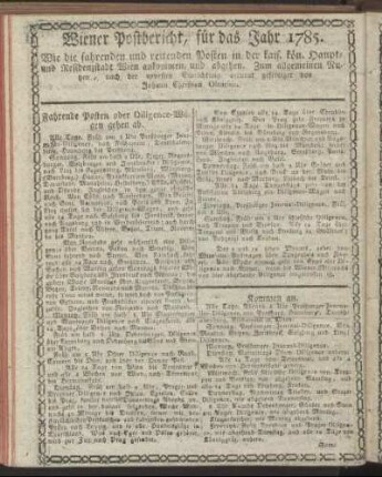 Wiener Postbericht, für das Jahr 1785