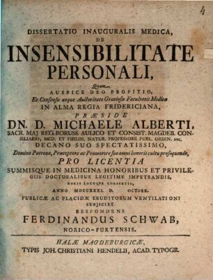 Diss. inaug. med. de insensibilitate personali