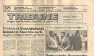Tageszeitung "Tribüne", mit Beitrag zum Weltgewerkschaftskongress