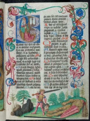 Bas-de-page-Miniatur: David enthaupte Goliath; historisierte Initiale: B(eatis vir), Rankenbordüre