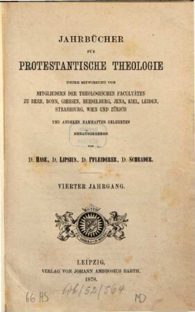 Jahrbücher für protestantische Theologie. 4, 4. 1878