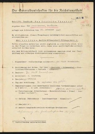 Stadttheater, Wesermünde: Fragebogen für das Handbuch »Das Deutsche Theater«, vierseitiges Dokument
