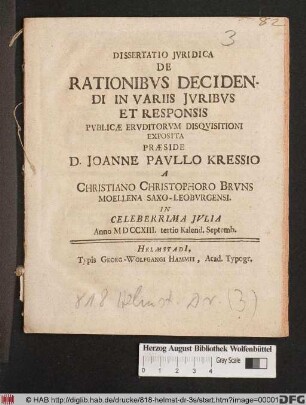 Dissertatio Jvridica De Rationibvs Decidendi In Variis Jvribvs Et Responsis