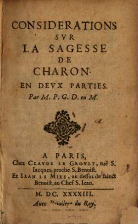 Considérations sur la sagesse de Charon : en deux parties