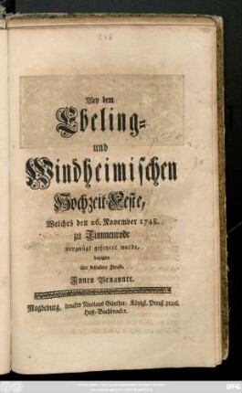 Bey dem Ebeling- und Windheimischen Hochzeit-Feste, Welches den 26. November 1748. zu Timmenrode vergnügt gefeyert wurde, bezeigten ihre besondere Freude, Jnnen Benannte