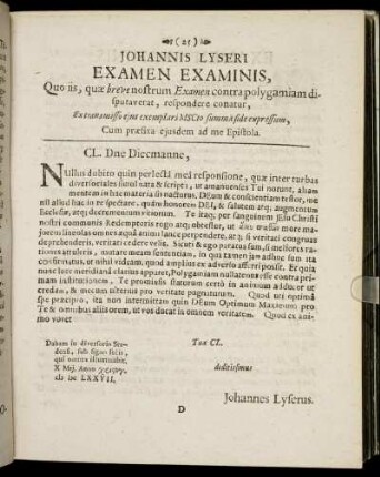 Johannis Lyseri Examen Examinis ...