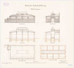 Technische Hochschule Danzig Kohlenschuppen: Grundriss Fundamente, EG, Längsschnitt und Querschnitt, Vorderansicht, Giebelansicht, 1:100