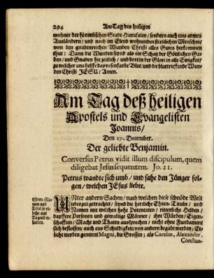 Am Tag deß heiligen Apostels und Evangelisten Joannis/ Den 27. December. Der geliebte Benjamin.