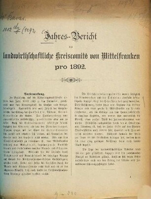 Jahresbericht des Landw. Kreisausschusses von Mittelfranken : für das Jahr .... 1892