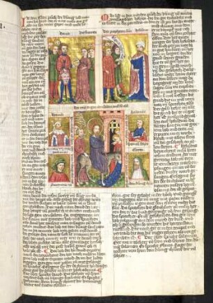 (1) Antitypus: Einzug Christi in Jerusalem; (2) Typus: David wird bei seiner Rückkehr mit dem Haupt Goliaths von den Frauen Jerusalems empfangen; (3) Typus: Die Söhne des Propheten begrüßen Eliseus; Propheten-Brustbild