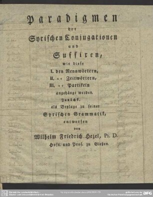 Paradigmen der Syrischen Conjugationen und Suffixen