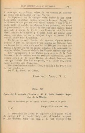 Núm. 89. Carta del Antonio Chambó al R. P. Pablo Pastells, Superior de la Misión