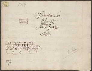 Divertimentos, vl (2), vla, b, D-Dur - BSB Mus.ms. 1484 : [title, b:] Serenata in D. // a // Violino I. m o // Violino II: d o // Alto-Viola oblig: // et // Basso. // [Incipit] // Dal Baron De Rumlinge