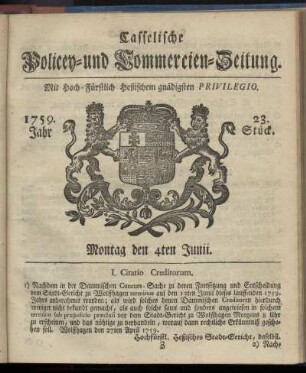 23. Stueck, Montag den 4ten Junii 1759