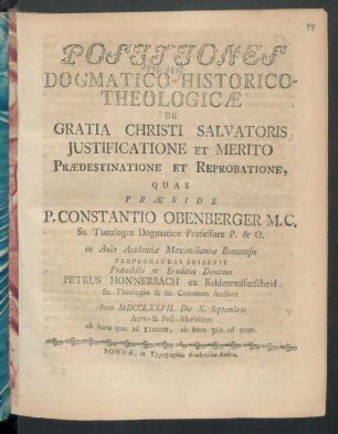 Positiones Dogmatico-Historico-Theologicæ De Gratia Christi Salvatoris, Iustificatione Et Merito, Prædestinatione Et Reprobatione