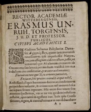 Rector Academiae Wittebergensis, ERASMUS UNRUH, TORGRNSIS, ...........