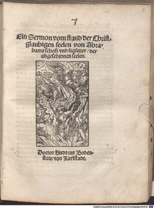 Ein Sermon vom stand der Christglaubigen seelen von Abrahams schosz vnd fegfeuer, der abgeschidnen seelen