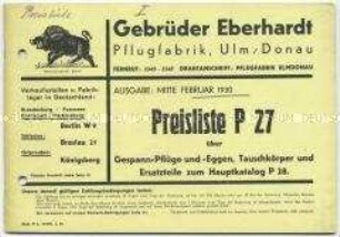 Preisliste P 27 über Gespann-Pflüge und -Eggen, Tauschkörper und Ersatzteile zum Hauptkatalog P 28.