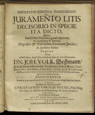 Disputatio Iuridica Inauguralis De Iuramento Litis Decisorio In Specie Ita Dicto
