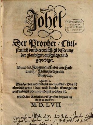 Johel Der Prophet, Christenlich vnnd trewlich, zu besserung der glaubigen außgelegt vnd geprediget