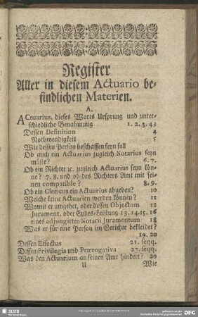 Register Aller in diesem Actuario befindlichen Materien