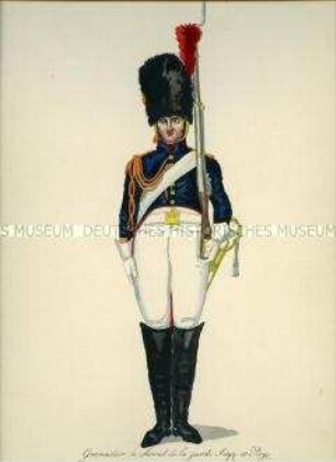 Uniformdarstellung, Gemeiner des Grenadier-Regiments zu Pferde der Kaiserlichen Garde, Frankreich, 1810. Tafel 3 aus: Les Gardes Imperiales et Royales de l'Armée Française.