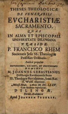Theses theologicae de venerabili eucharistiae sacramento