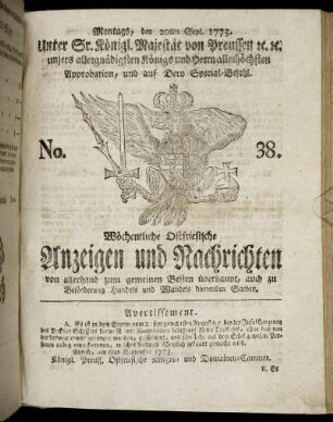 No. 38. Montags, den 20ten Sept. 1773.