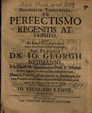 Disputatio Theologica, De Perfectismo Regenitis Attributo