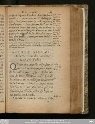 Article Sixieme. De la Memoire des Saincts, & de leurs Festes.