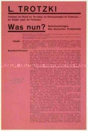 Werbung für Lew Trotzkis Werk "Was nun? Schicksalsfragen des deutschen Proletariats" von 1932