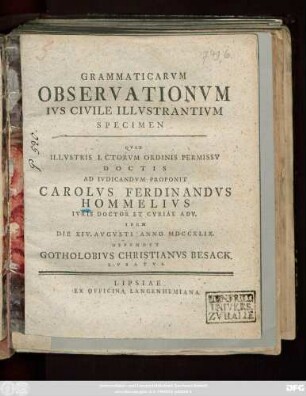 Grammaticarvm Observationvm Ivs Civile Illvstrantivm Specimen