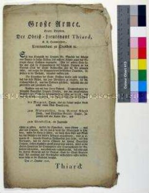 Bekanntmachung des Kommandanten von Dresden Auxonne-Marie-Thédose de Thiard betreffend die Verpflegung der in der Stadt einquartierten bayerischen Truppen, in deutscher und französischer Sprache