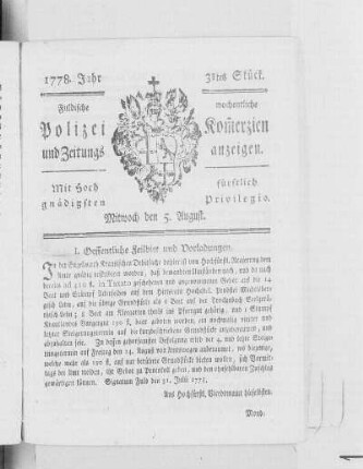 31tes Stück., Ausgabe vom 5. August 1778