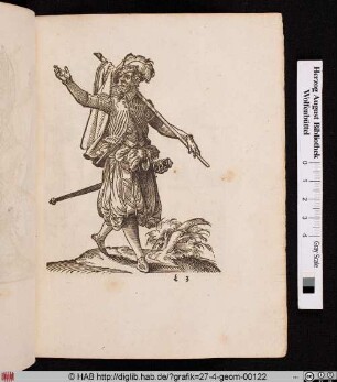 Ein Landsknecht, den Mantel über einem Stab tragend.